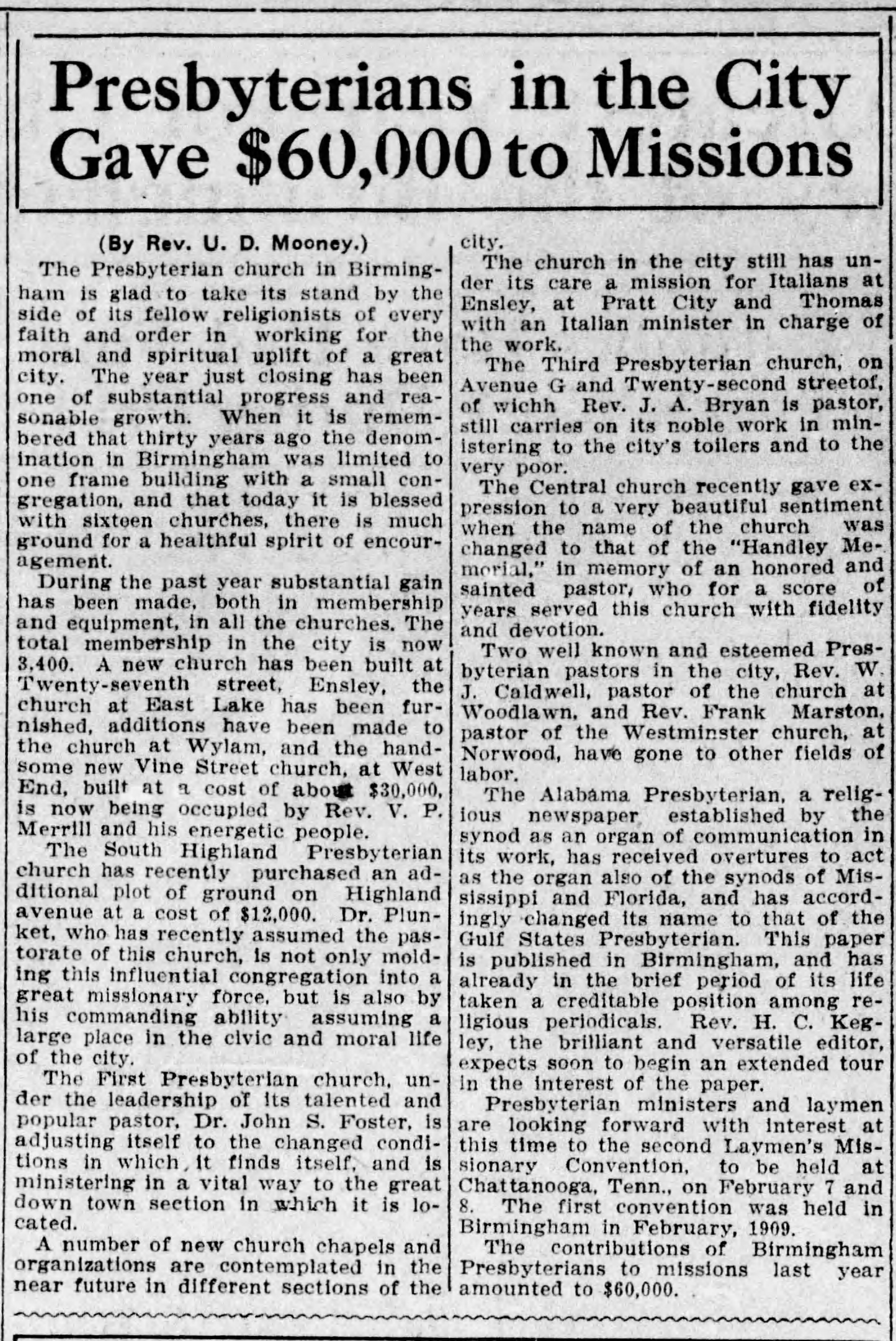 Presbyterians in the City Gave $60,000 to Missions